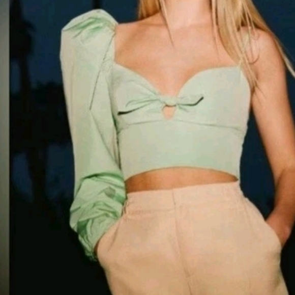 Zara Limited Edition Pastel Green Puff Sleeve One Shoulder Large Crop Top - Picture 2 of 10